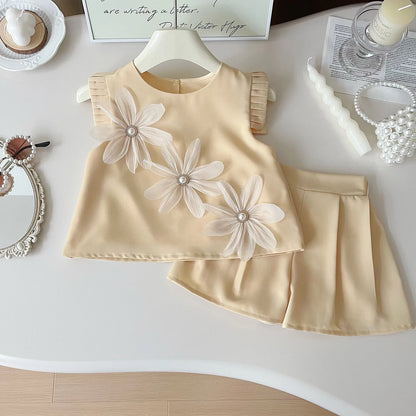 Conjunto infantil para meninas verão bonito três flores manga curta tshirt + shorts 2