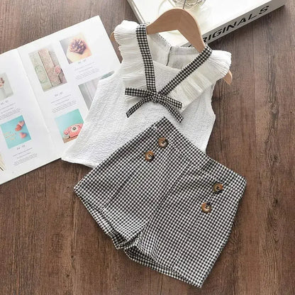 Conjuntos de roupas de meninas, Novo estilo de verão roupas infantis bonito pontos de renda + arco calças curtas 2pc