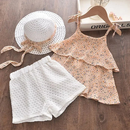 Conjuntos de roupas de meninas, Novo estilo de verão roupas infantis bonito pontos de renda + arco calças curtas 2pc